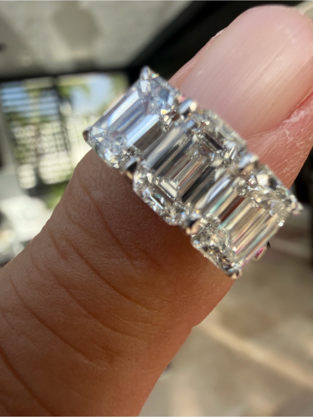 Elegant Emerald-Cut Diamond Eternity Band - White Silver Tone Size 6